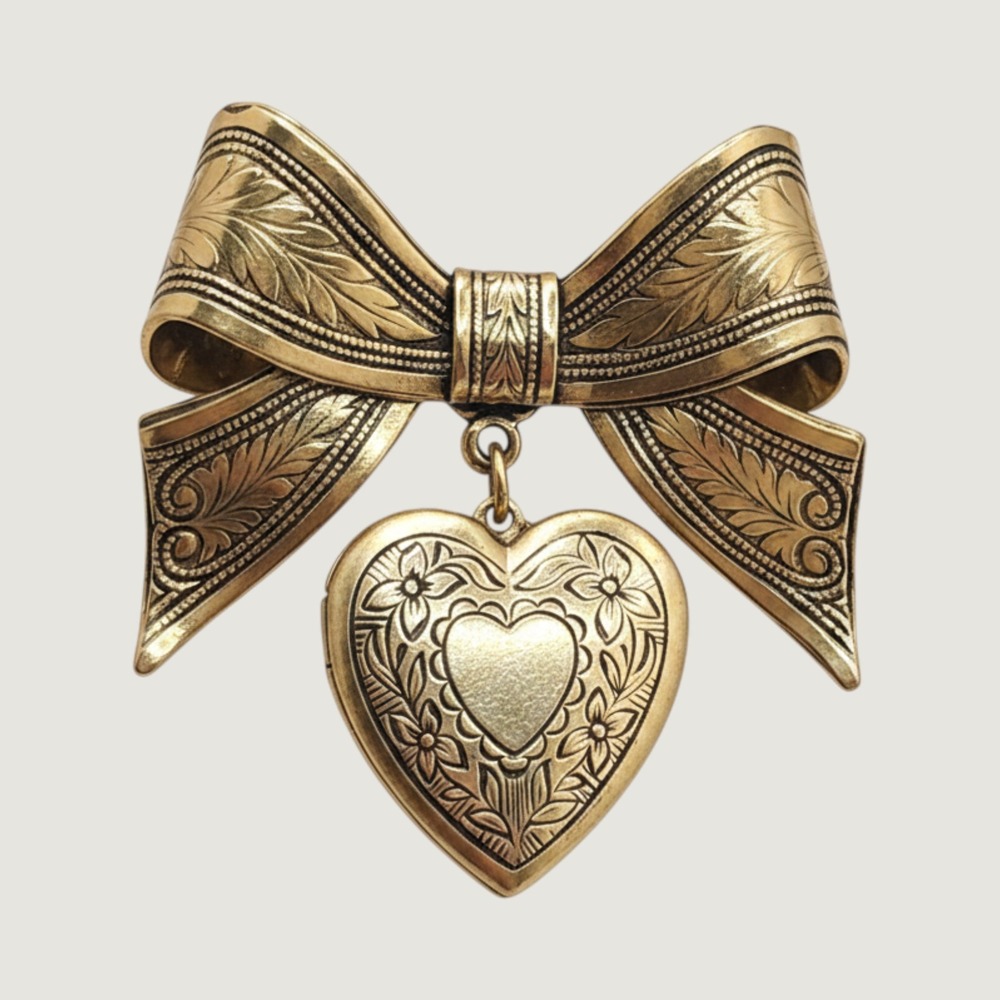 Vintage Gold Tone Bow Brooch Heart Locket Pin Engraved Floral Victorian Revival